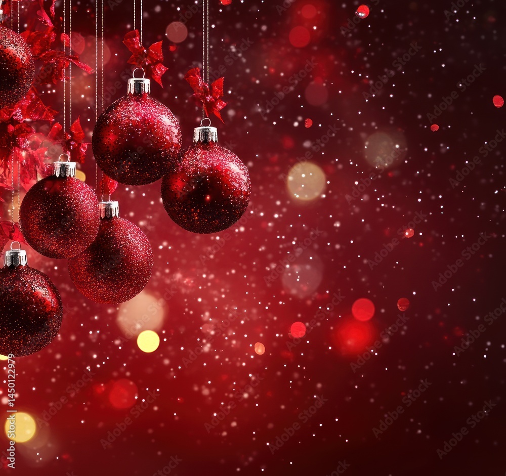Fototapeta premium Red Christmas ornaments hanging on strings against a red background with bokeh and snow