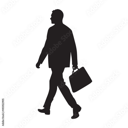 Silhouette image of a businessman walking to the office, A silhouette of a businessman, confidently walking towards an office building, a briefcase in his hand, vector silhouette image .