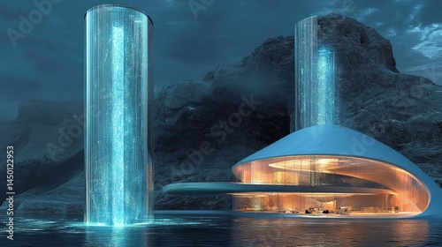 Futuristic, elegant residence with cascading water features.
