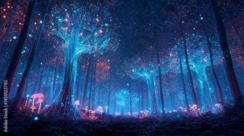 Fantasy glowing forest with bioluminescent mushrooms and trees under a starry sky