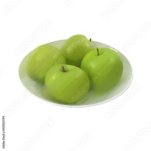 Apples Granny Smith on a plate sketch isolated transparent background 3d rendering
