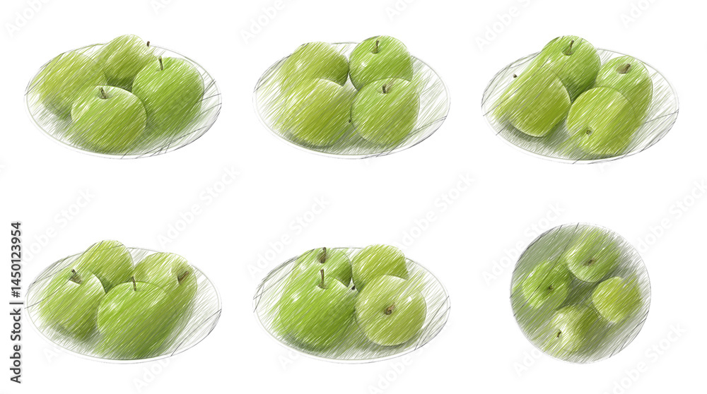 Fototapeta premium Apples Granny Smith on a plate sketch isolated transparent background 3d rendering 