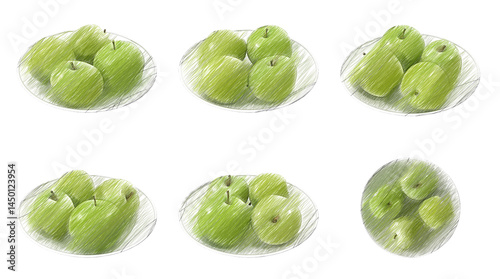 Apples Granny Smith on a plate sketch isolated transparent background 3d rendering
