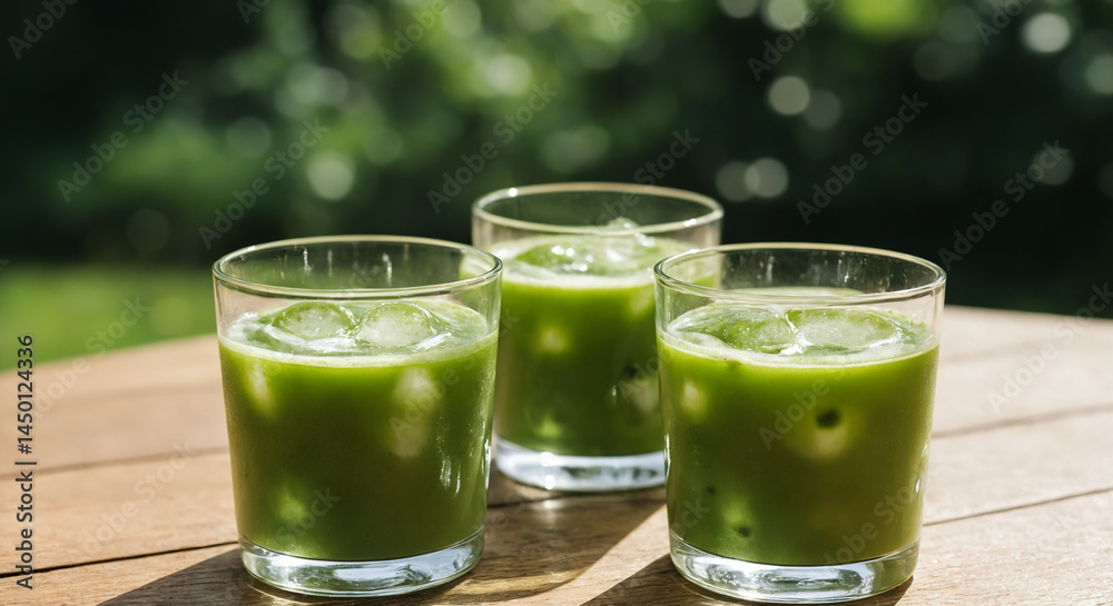 Iced matcha latte with oat milk in clear glass with sparkling ice Iced matcha latte with oat milk in clear glass with sparkling ice