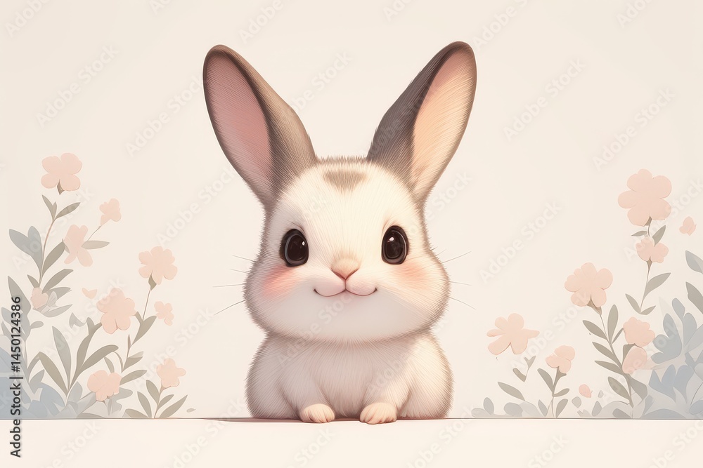 Obraz premium Adorable bunny sits among delicate pastel blooms. Soft, innocent, and charming