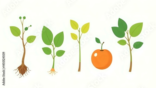 Minimalist Plant Growth Stages With Orange Apple Vector Illustration