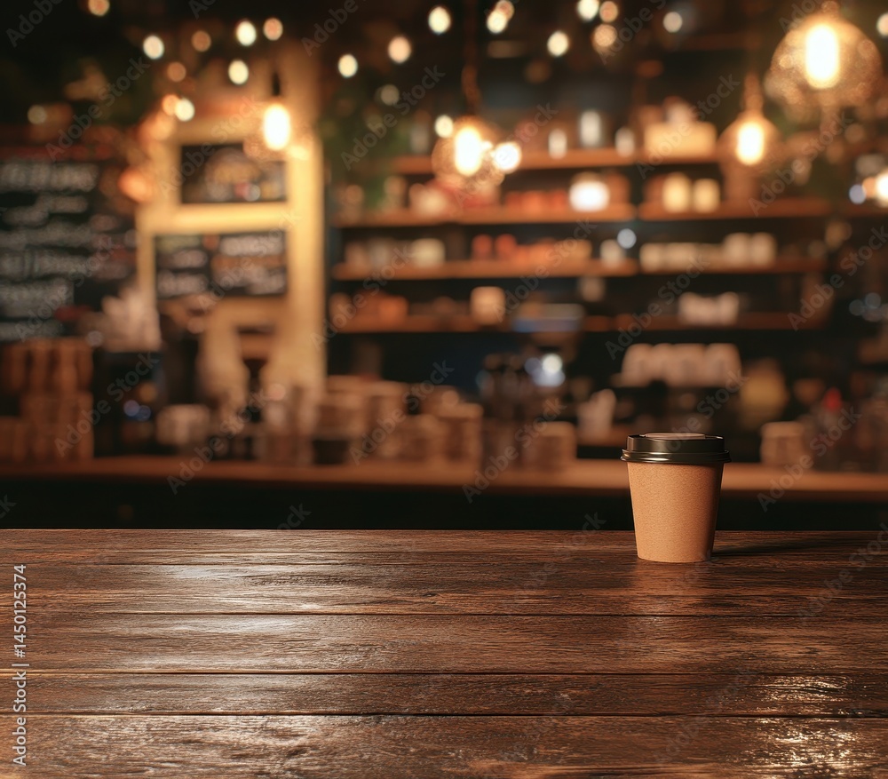 Empty coffee cup on wooden table in a cafe. Blurred background of warm interior with lights, shelves, and counter Empty coffee cup on wooden table in a cafe. Blurred background of warm interior with lights, shelves, and counter
