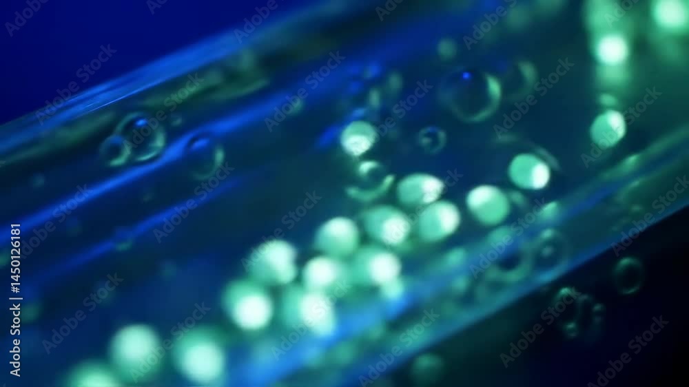 Close-up of luminous green bubbles in a transparent tube illuminated by blue light, showcasing fluid dynamics
