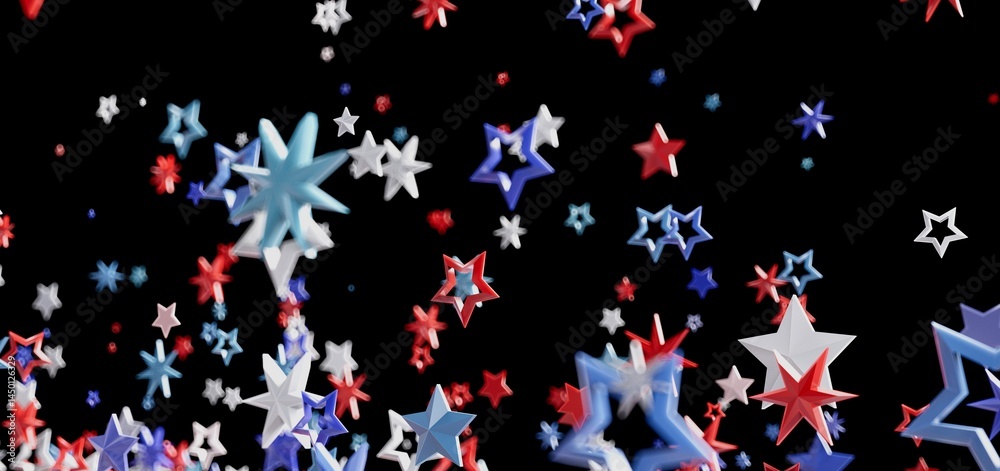 Obraz premium Red, white, and blue stars falling on a black background. Perfect for Independence Day celebrations.