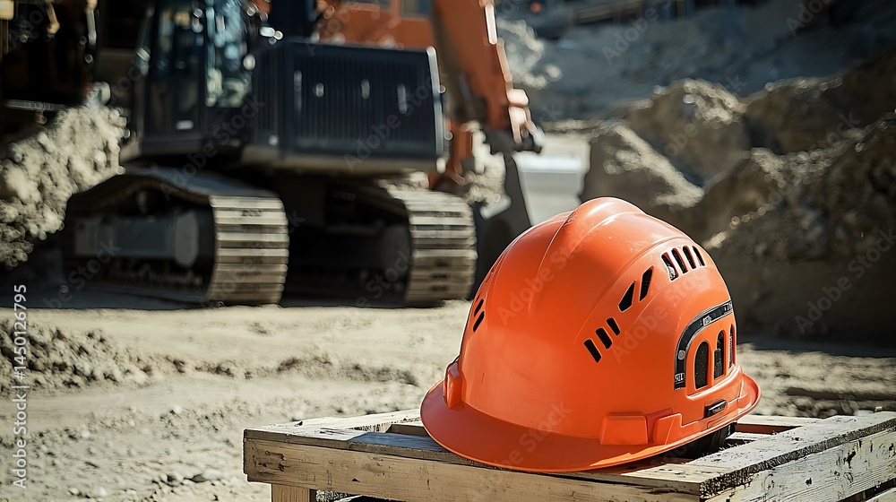 Construction site safety helmet rests on wooden crates. Construction site safety helmet rests on wooden crates.