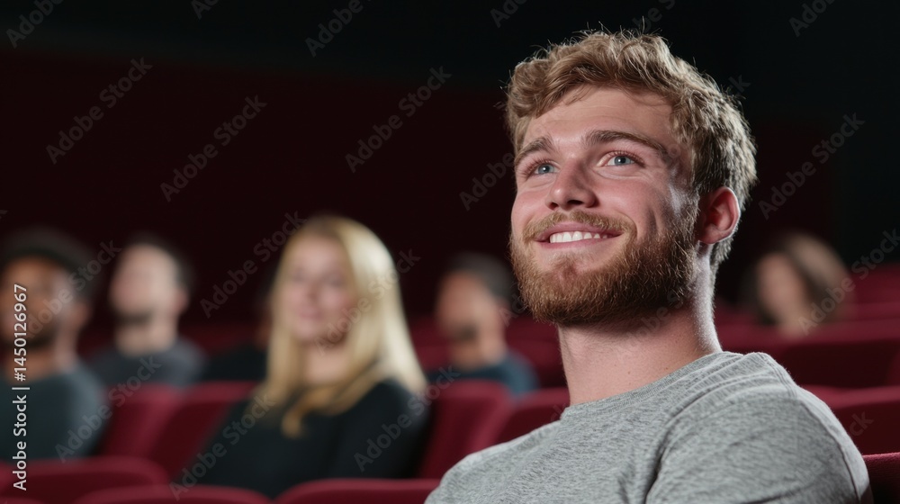Fototapeta premium Diverse Theater Audience with Smiling Faces Anticipating Show Start | Positive Emotions at Live Performance | Happy Spectators Waiting in Comfortable Chairs
