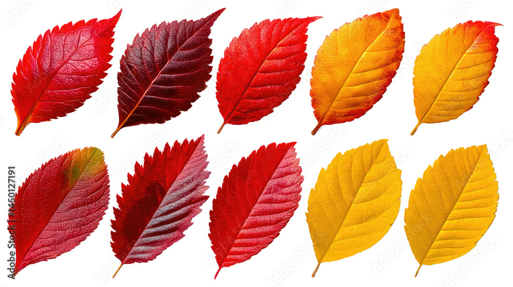 Fototapeta premium Autumn's Painted Canvas: Ten vibrant leaves showcase a spectrum of autumn colors, from fiery reds to golden yellows, presenting a painterly panorama of seasonal splendor.