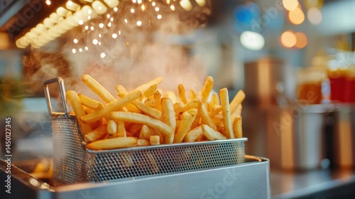 Golden Crispy French Fries Sizzling in Deep Fryer - Perfect Fast Food Concept