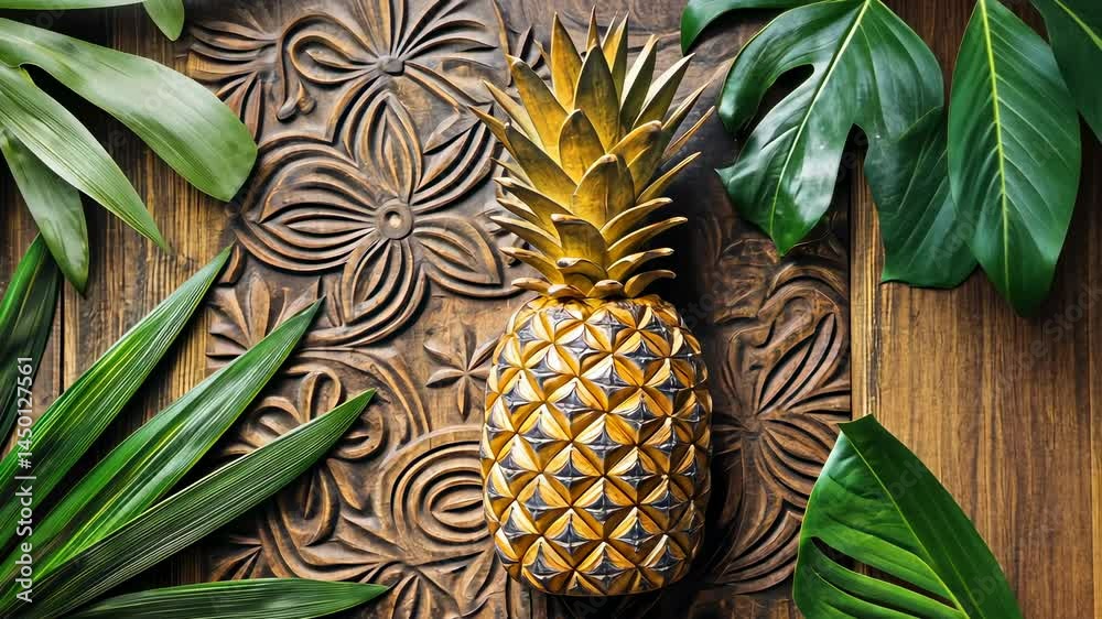 Gold pineapple carving of geometric tribal patterns, tropical vibes,  textured  wooden background. Top view	
