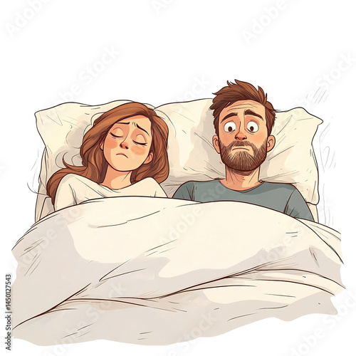 Cartoon couple with contrasting moods lying in bed illustration style
