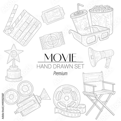 Hand-drawn vector set of cinema-related elements including 3D glasses, director’s chair, film roll, clapperboard, camera, popcorn, Oscar award, and movie ticket. Perfect for film festival branding and