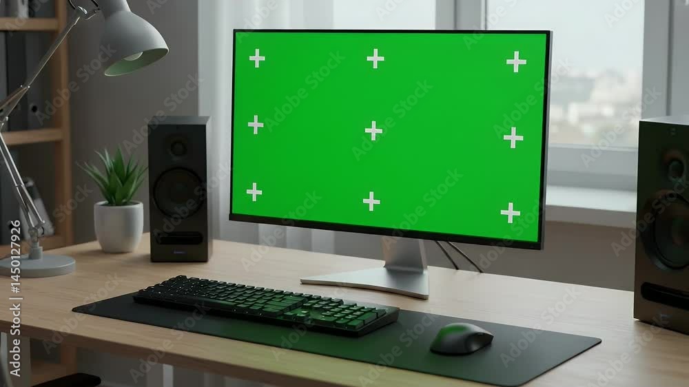 Green Screen Computer Setup Mockup: Perfect for Digital Content Creators Green Screen Computer Setup Mockup: Perfect for Digital Content Creators