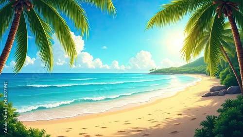 Vibrant Tropical Beach Paradise Landscape with Palm Trees and Blue Sky