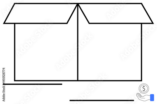 Open box with flaps, hand with coin indicating donation, funding, storage, delivery, or packaging. Ideal for charity, e-commerce, logistics storage recycling donation drives and crowdfunding