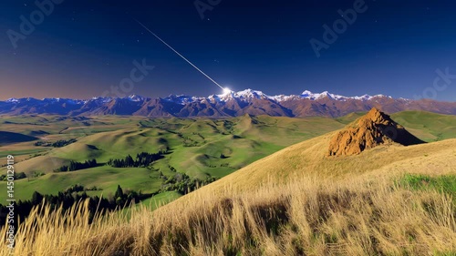 Shooting star streaking across twilight sky over verdant green valley, surrounded by majestic rolling hills and snow-dusted mountain peaks. Breathtaking comet, meteor, meteorite, asteroid scenery.