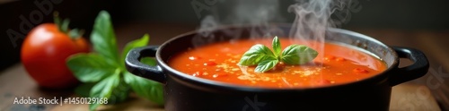 Steam rises from a bubbling pot of vibrant tomato soup , cozy, still life