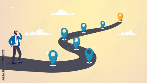 Success roadmap journey, milestone or career path achievement, route or pathway to achieve goals, accomplishment, assessment or way to success, businessman look at achievement milestone to success.