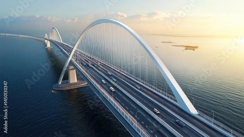 Elevated, modern bridge spanning a tranquil waterway.