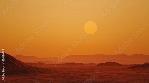 Desert Ecosystems Under Threat from Pollution and Environmental Stress, Sunset over a mountainous landscape with a vibrant orange sky.