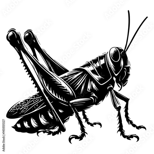 A black and white silhouette of a grasshopper or locust on a white isolated background. Vector graphics. EPS.
