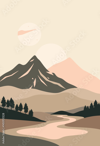 Mountain Stream Minimalist Art:  A serene minimalist illustration captures the essence of nature with two mountains, a winding stream, and a serene sunset.