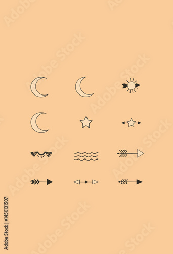 Celestial Adornments: Delicate, minimalist designs feature a serene arrangement of crescent moons, radiant stars, and celestial arrows, perfectly arranged in a warm-toned setting. 