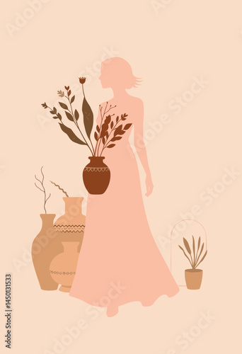 Bohemian botanical: A delicate illustration of a woman gracefully holding a vase filled with elegant floral arrangements, complemented by a series of artful pottery and plants, set against a warm.