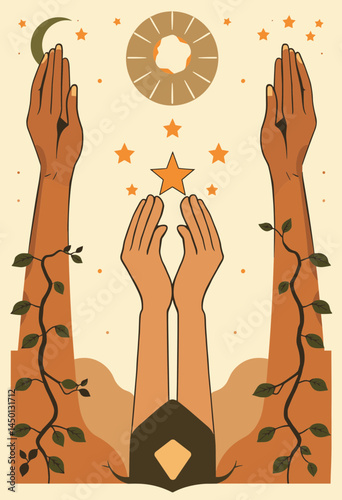 Celestial Embrace: Artistic rendering shows outstretched hands, intertwined with nature's elements, reaching towards celestial bodies. This illustrates a spiritual connection and human quest.