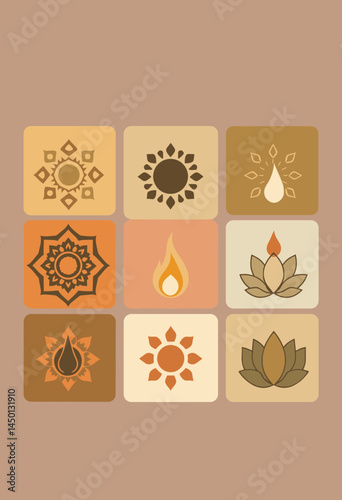 Serene Spiritual Symbols: A collection of intricately designed geometric and floral motifs evoking a sense of peace and meditation. The symbols, meticulously crafted and arranged.