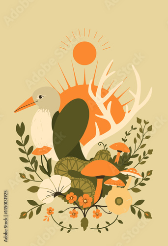 Sunlit Bird Amidst Nature's Bounty: A whimsical illustration of a majestic bird, set against a backdrop of vibrant flora and fauna, basking in the warm glow of a setting sun. 
