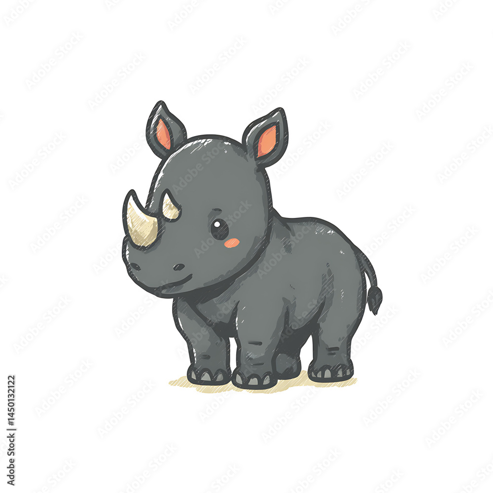 Obraz premium Adorable cartoon rhino with big eyes, drawn in a cute style. Ideal for animal lovers and cartoon lovers who seek whimsical, endearing art.