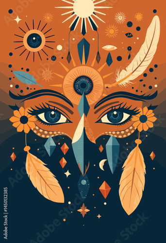 Mystical Gaze: An artistic illustration of celestial elements converging around a focal point of deep, expressive eyes, inviting introspection and wonder.