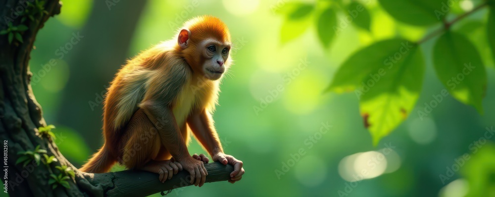 Fototapeta premium Brown monkey perched on tree branch, jungle setting, monkey, primate