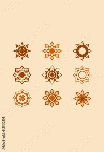 Sacred Mandala Collection: A collection of nine intricate mandala designs in warm, earthy tones. These symmetrical, circular patterns represent wholeness and harmony in a visual celebration of art.