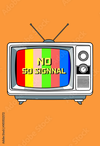 Vintage TV: A nostalgic illustration of a classic television set, radiating a vintage aesthetic, displays a "NO SIGNAL" message, against a backdrop that evokes a sense of analog era.