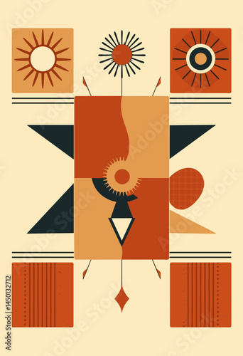 Abstract Geometric Composition: A vibrant, artistic arrangement featuring geometric shapes, lines, and organic forms, utilizing a rich palette of warm, earthy tones.