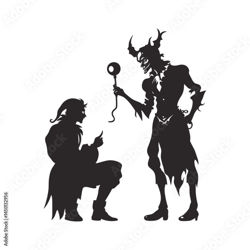 Silhouette of Devil and Warrior in Confrontation