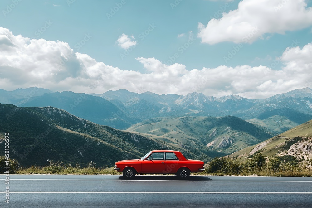 Naklejka premium Red Classic Car Mountain Road Landscape