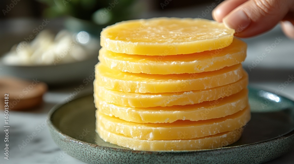 Stack of yellow fruit slices on a plate being touched by a hand. Stack of yellow fruit slices on a plate being touched by a hand.