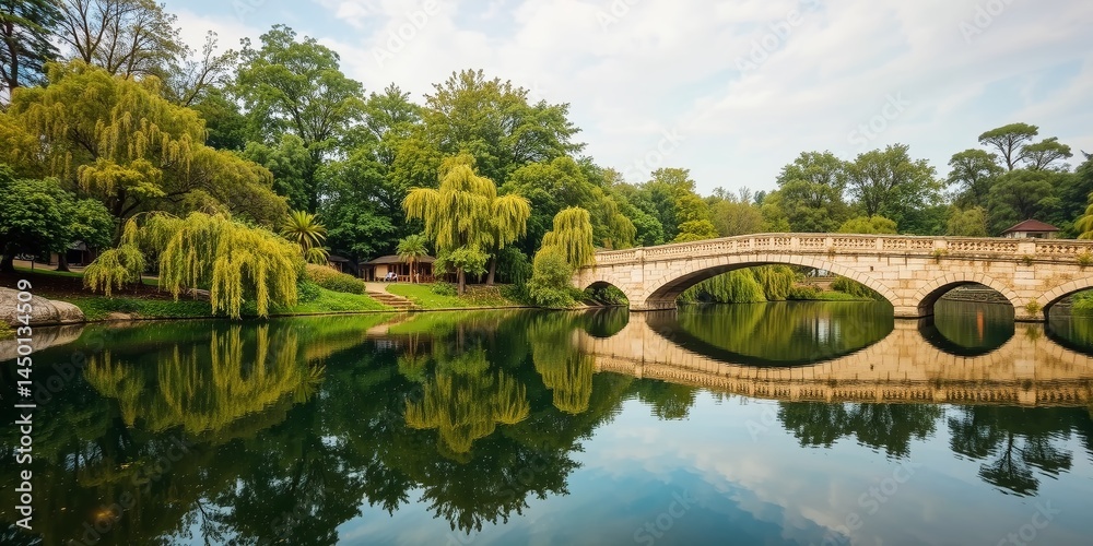 Fototapeta premium Arch Bridge Over Tranquil Waters: A picturesque arch bridge gracefully spans a serene river, its reflection mirroring the lush greenery and the expansive sky above.