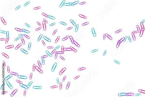 Stationary colored paper clips isolated on white vector background. Pink crimson, blue, purple paperclips memo note and documents staple attach tools illustration. Plastic paperclips backdrop.