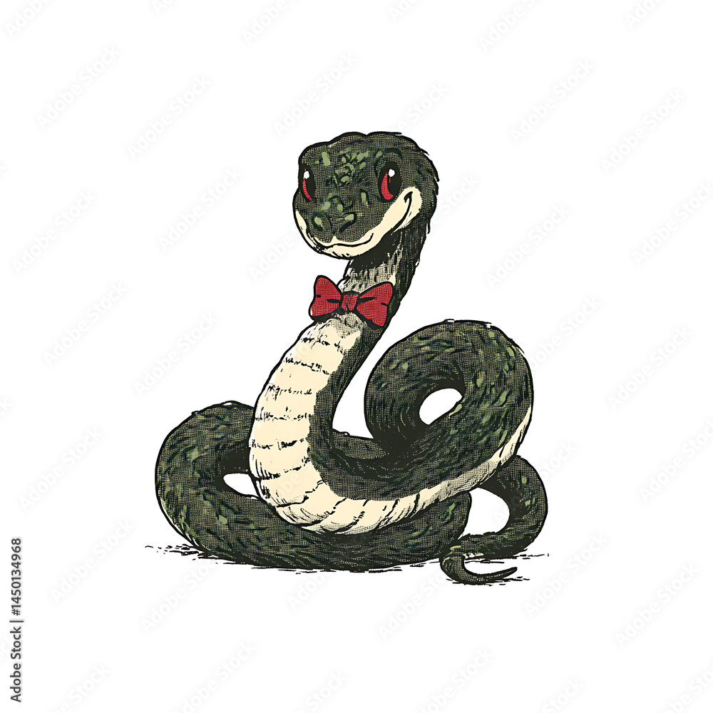 Obraz premium Illustration of a friendly green snake, wearing a red bow tie, coiled and smiling on a white background. Reptilian charm at its best!
