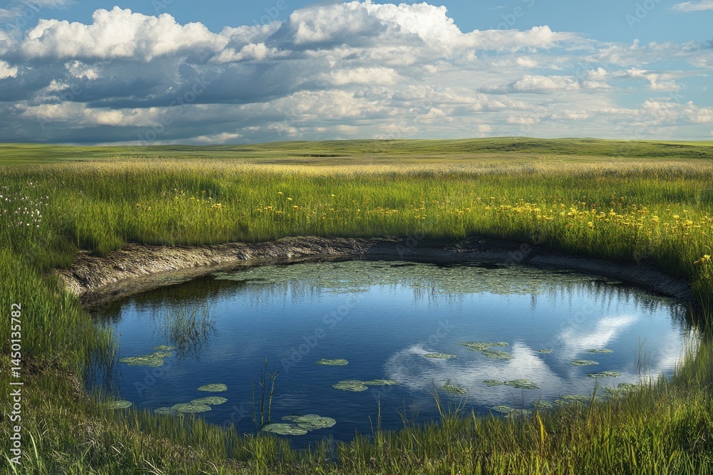 Serene prairie pond reflecting a dramatic sky Lush meadow surrounds a tranquil pool Serene prairie pond reflecting a dramatic sky Lush meadow surrounds a tranquil pool