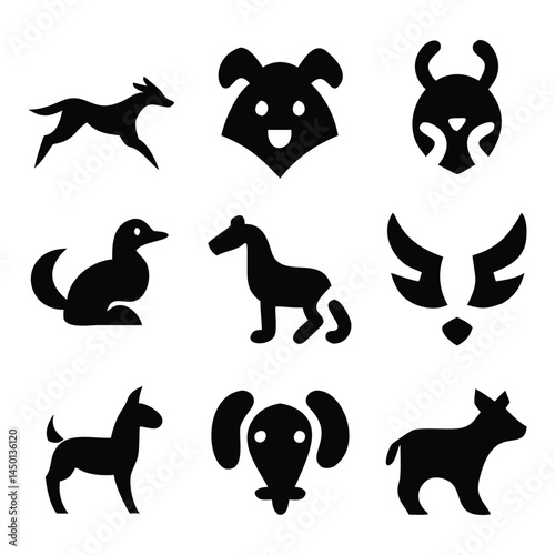 Flat Style Solid Black Animal Silhouette Vector Icon Set