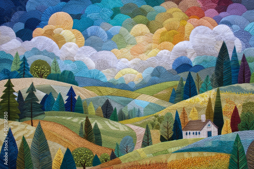 刺繍絵：のどかな田園風景